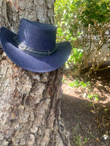 Denim Cowboy Western Hat With Braided Leather Band & Adjustable Chin Strap