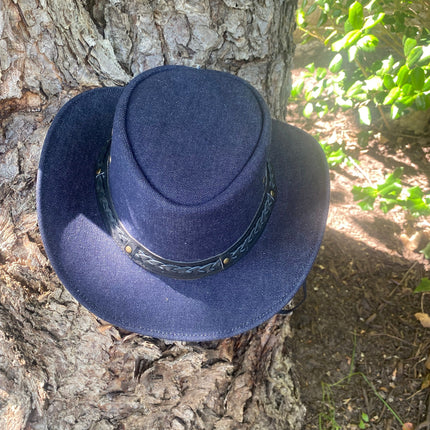 Denim Cowboy Western Hat With Braided Leather Band & Adjustable Chin Strap
