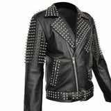 Mens Real Black Leather Spike Jacket Studded Punk Style Cropped Jacket