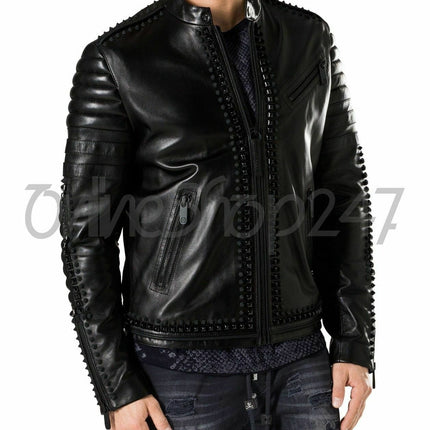 New Mens Philip Plein Black Punk Full Heavy Metal Spiked Studded Leather Jacket