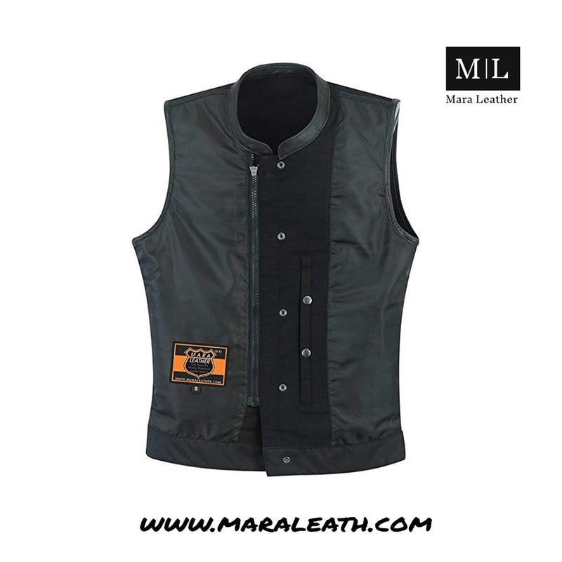 Men's Black Denim Club Vest With Genuine Leather Trim & Hidden Zipper