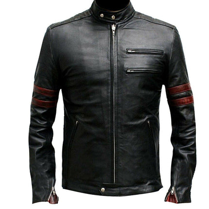 Fight Club Hybrid Mayhem Men's Slim Fit Red Stripes Black Biker Leather Jacket