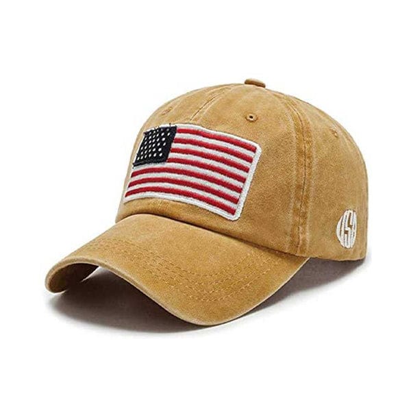 USA Flag Embroidered Cotton Soft Baseball Style Cap - Tan