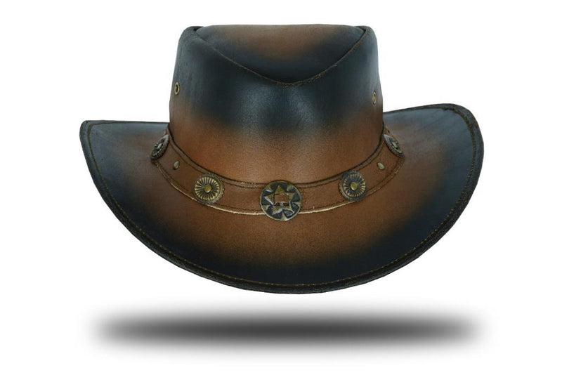 Large Brim Dual Tone Genuine Cow Leather Fancy Unisex Cowboy Hat - XL / Brown