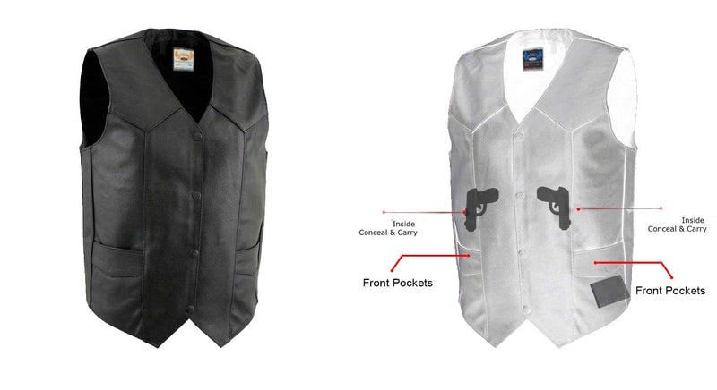 Men's Classic Western Cut Snap Front With Concealed Pockets Motorcycle Leather Vest