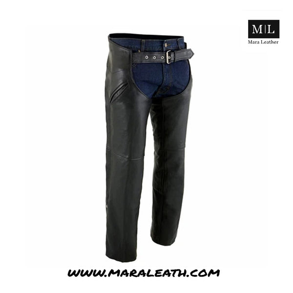 Men's Black Leather Chaps with Slash Pocket and Thermal Liner