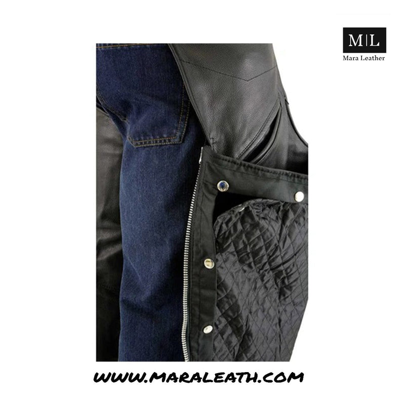 Men's Black Leather Chaps with Slash Pocket and Thermal Liner