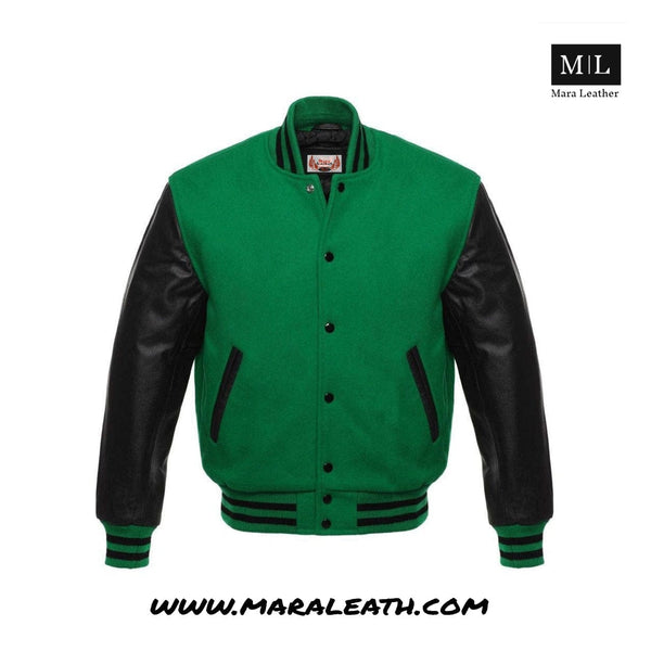 Men's Letterman Wool and Leather Varsity Jacket with Ribbed Cuffs - Green