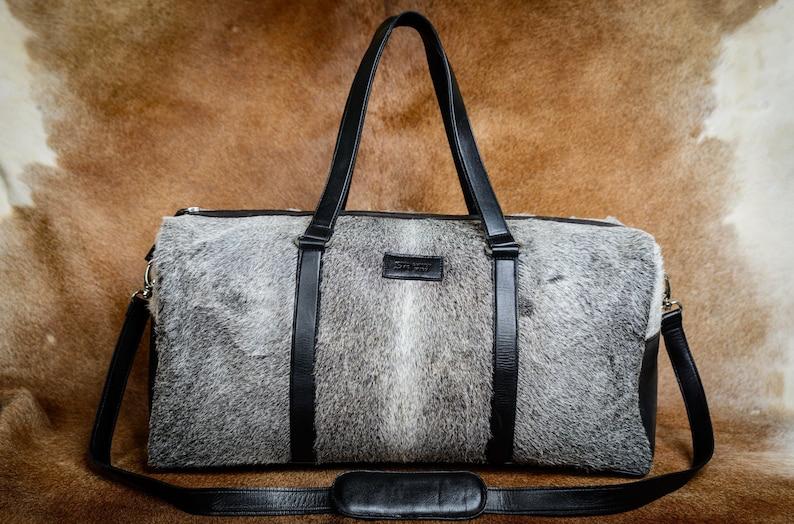 Gray Fur Cowhide Print Genuine Leather Duffel Bag - MARA Leather