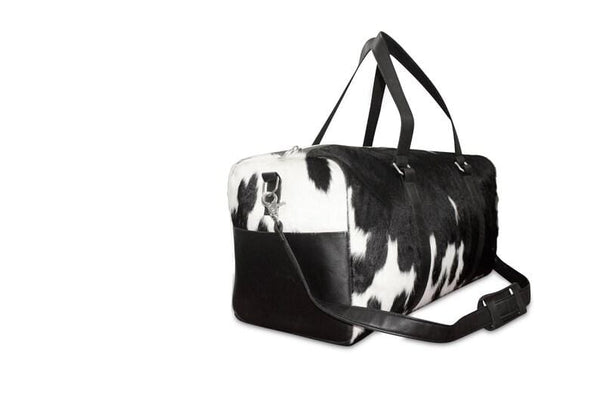 Natural Black and White Cowhide Print Genuine Leather Duffel Bag - MARA Leather