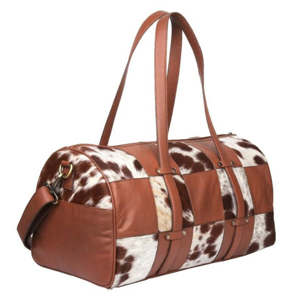 Natural Brown and White Chess Pattern Cowhide Print Genuine Leather Duffel Bag - MARA Leather
