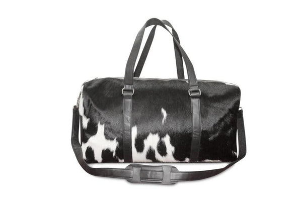 Natural Black and White Cowhide Print Genuine Leather Duffel Bag - MARA Leather