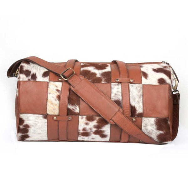 Natural Brown and White Chess Pattern Cowhide Print Genuine Leather Duffel Bag - MARA Leather