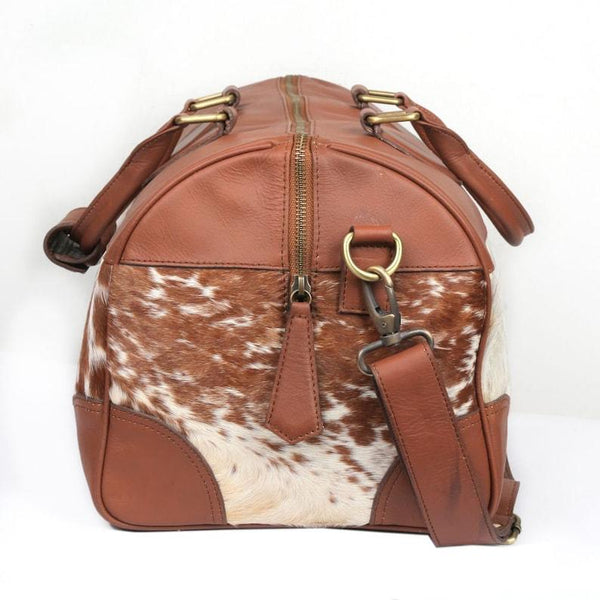 Natural Brown and White Cowhide Print Genuine Leather Duffel Bag - MARA Leather