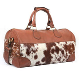 Natural Brown and White Cowhide Print Genuine Leather Duffel Bag - MARA Leather