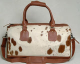 Natural Brown and White Cowhide Print Genuine Leather Duffel Bag - MARA Leather