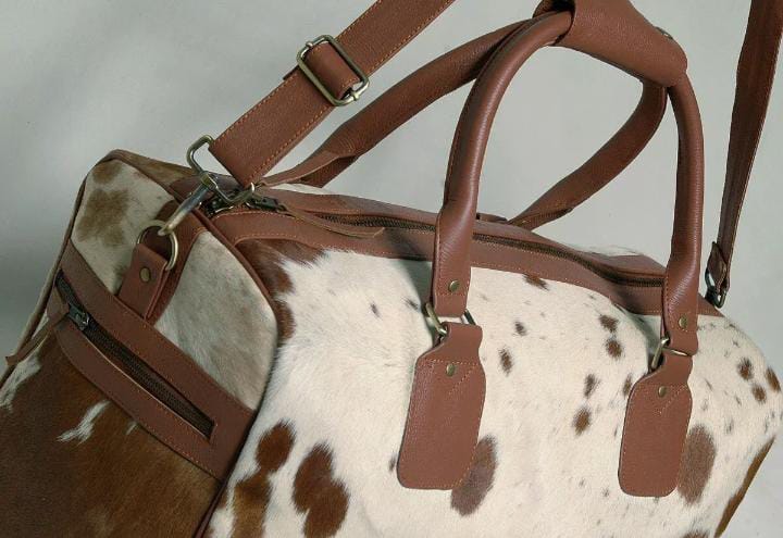 Natural Brown and White Cowhide Print Genuine Leather Duffel Bag - MARA Leather