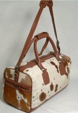 Natural Brown and White Cowhide Print Genuine Leather Duffel Bag - MARA Leather