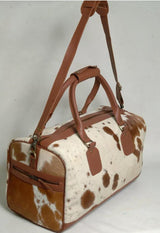 Natural Brown and White Cowhide Print Genuine Leather Duffel Bag - MARA Leather