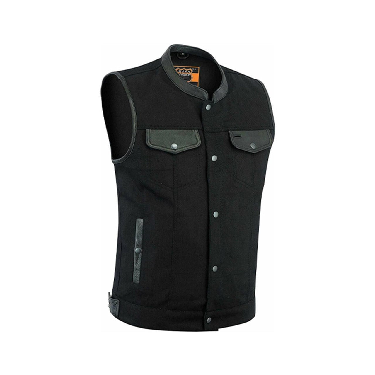 Men's Black Denim Club Vest With Genuine Leather Trim Hidden