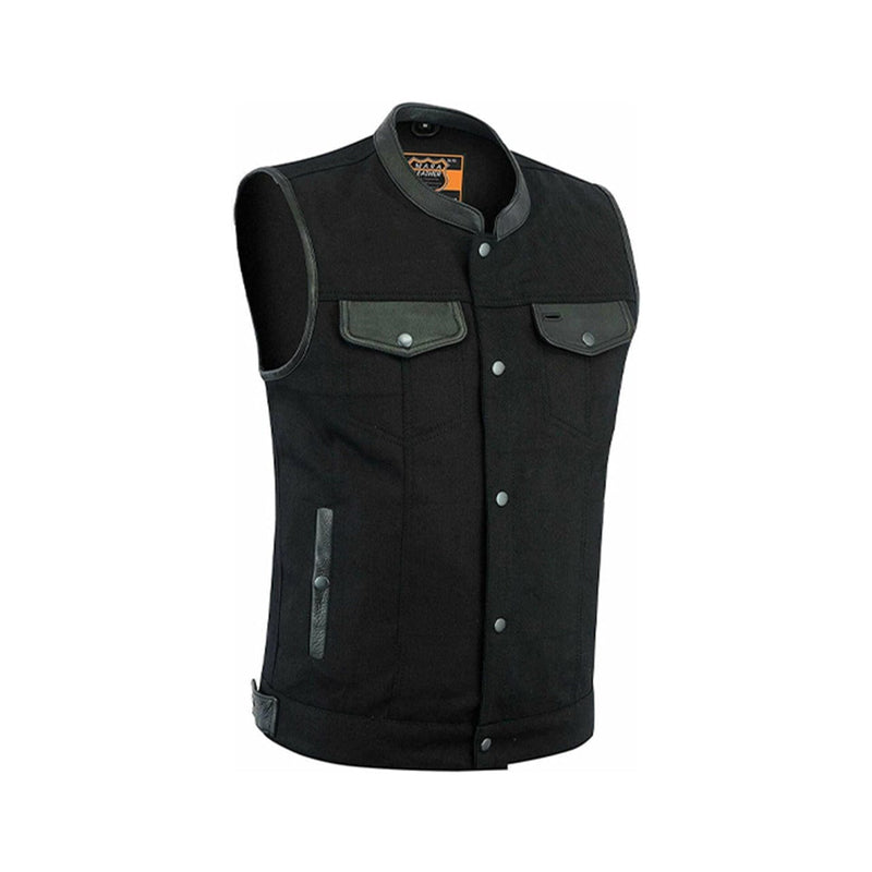 Men's Black Denim Club Vest With Genuine Leather Trim & Hidden Zipper