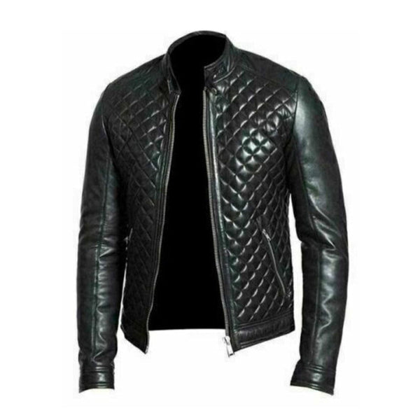 Men's black quilted biker-style leather jacket
