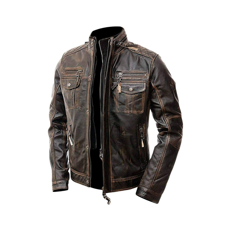 Men's Cafe Racer Distressed Brown Motorcycle Genuine Leather Jacket - MARA Leather