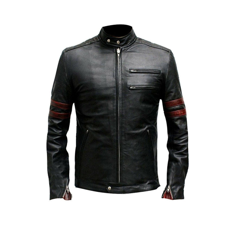 Fight Club Hybrid Mayhem Men's Slim Fit Red Stripes Black Biker Leather Jacket