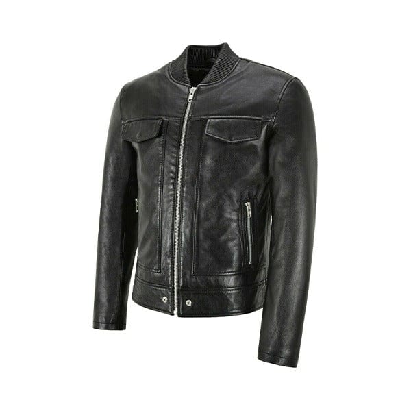 Men Bomber Leather Jacket Black Casual Tops Real Leather Jacket