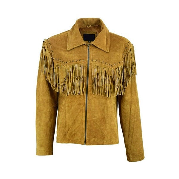 Men's New Native American Western Brown Suede Leather Jacket Fringe Tassels