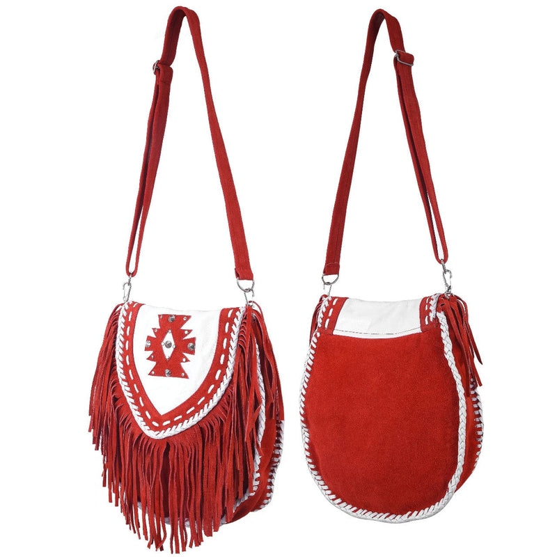 Ladies Red Suede Leather Western Style Handbag With Fringes and Studs - MARA Leather