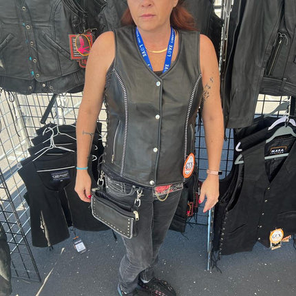 Women's Black Leather Motorcycle Bling Vest With Rhinestone Detailing