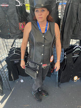 Women's Black Leather Motorcycle Bling Vest With Rhinestone Detailing