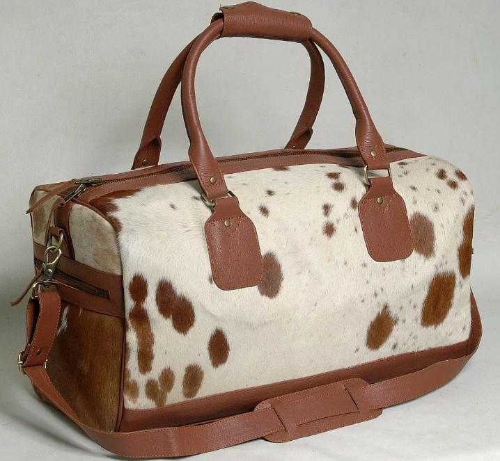 Natural Brown and White Cowhide Print Genuine Leather Duffel Bag - MARA Leather