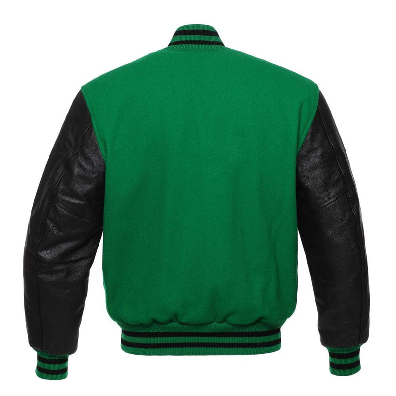 Men's Letterman Wool and Leather Varsity Jacket with Ribbed Cuffs - Green