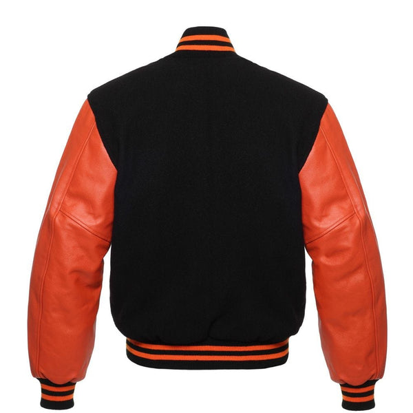 Men's Black Varsity Jacket Leather Sleeves - Orange