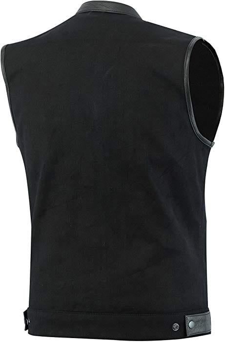 Men's Black Denim Club Vest With Genuine Leather Trim & Hidden Zipper