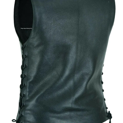 Women's Black Leather Motorcycle Bling Vest With Rhinestone Detailing