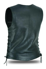 Women's Black Leather Motorcycle Bling Vest With Rhinestone Detailing