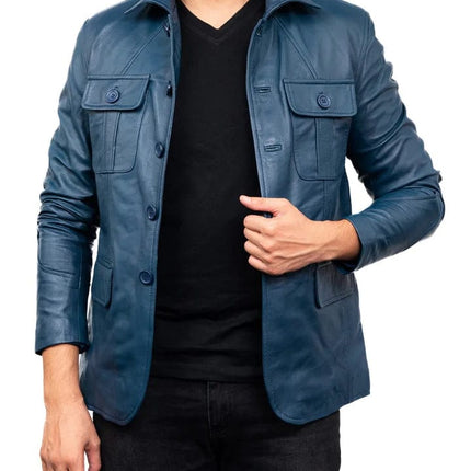 Men's Sheepskin Leather Blazer Coat Jacket 100% Genuine Leather - BLUE