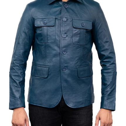 Men's Sheepskin Leather Blazer Coat Jacket 100% Genuine Leather - BLUE