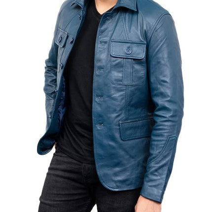 Men's Sheepskin Leather Blazer Coat Jacket 100% Genuine Leather - BLUE