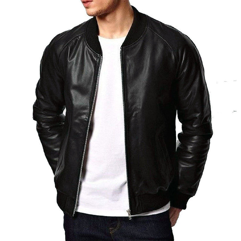 Men's Genuine Leather Plain One Panel Bomber Jacket - MARA Leather