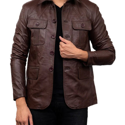 Men's 5 Button Blazer Coat Jacket Sheepskin Leather - Dark Brown