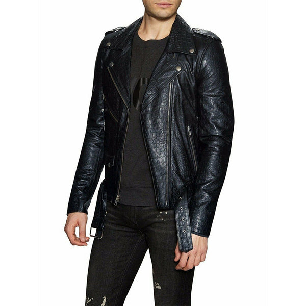 Men's Crocodile Print Genuine Leather Biker Style Jacket - MARA Leather
