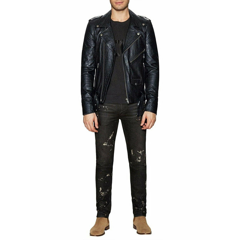Men's Crocodile Print Genuine Leather Biker Style Jacket - MARA Leather