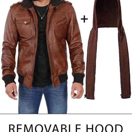 Men's Brown Lambskin Leather Jacket Bomber Style With Removable Hood