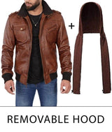 Men's Brown Lambskin Leather Jacket Bomber Style With Removable Hood