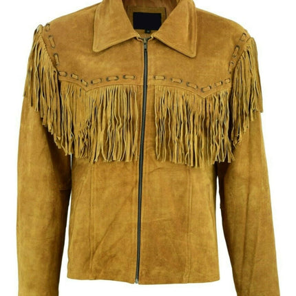 Men's New Native American Western Brown Suede Leather Jacket Fringe Tassels