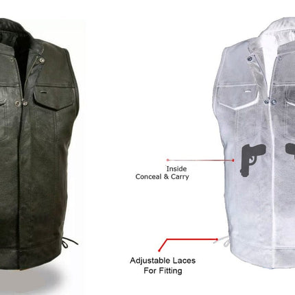 SOA Vest Men's Real Leather Anarchy Motorcycle Biker Club Concealed Carry Outlaw W/Side Laces